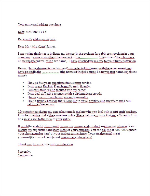 application letter cover letter template for cabin crew