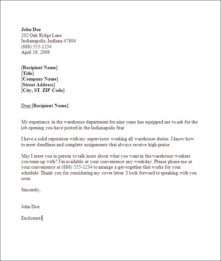 Warehouse Worker Cover Letter Sample and Template