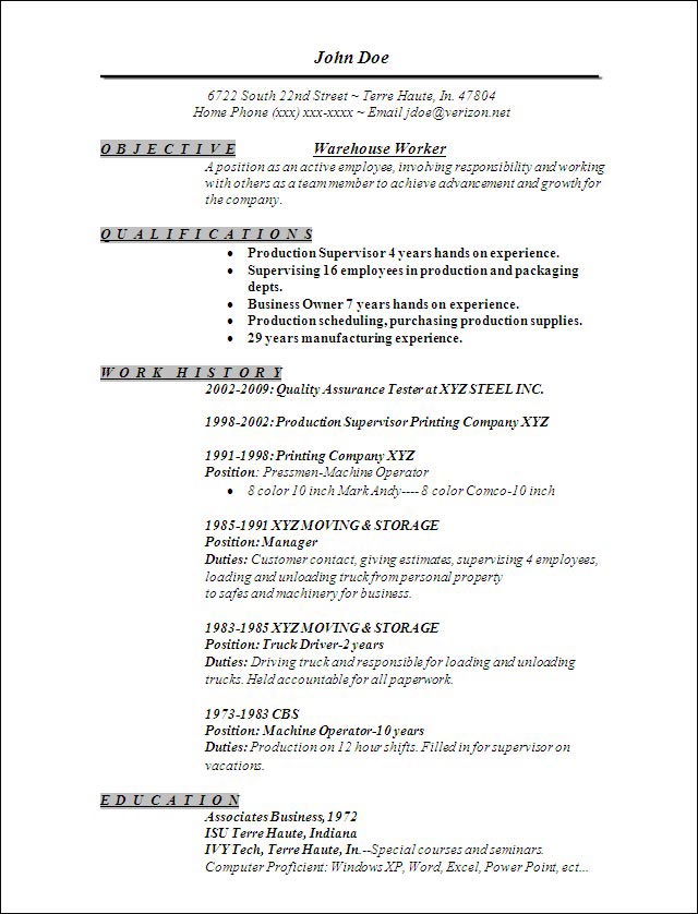 another sample of warehouse worker resume