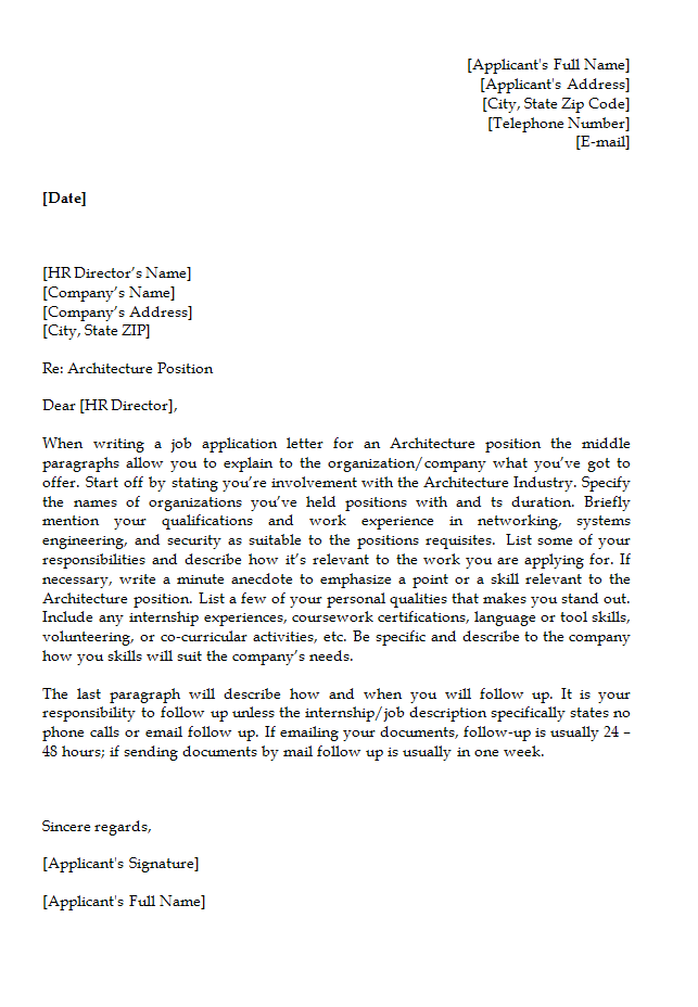 Job Application Letter Template for Architecture Position