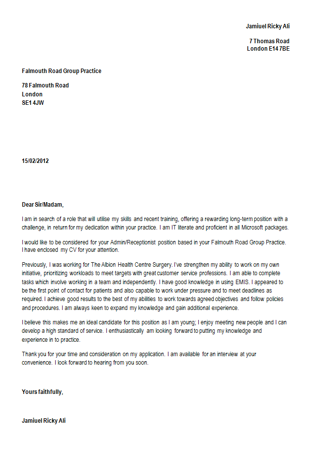 Sample cover letter for receptionist post