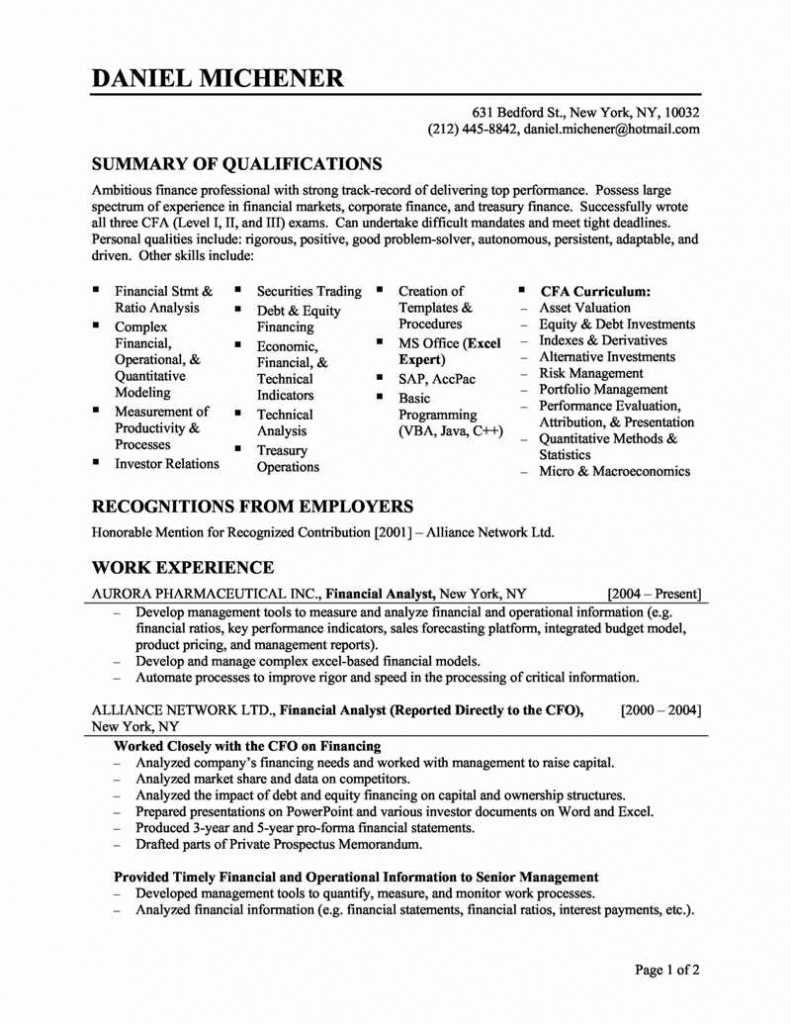 Financial Resume Sample
