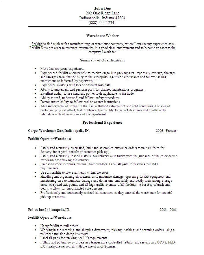 summary for warehouse worker resume