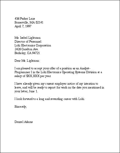 Job Acceptance Letter Template