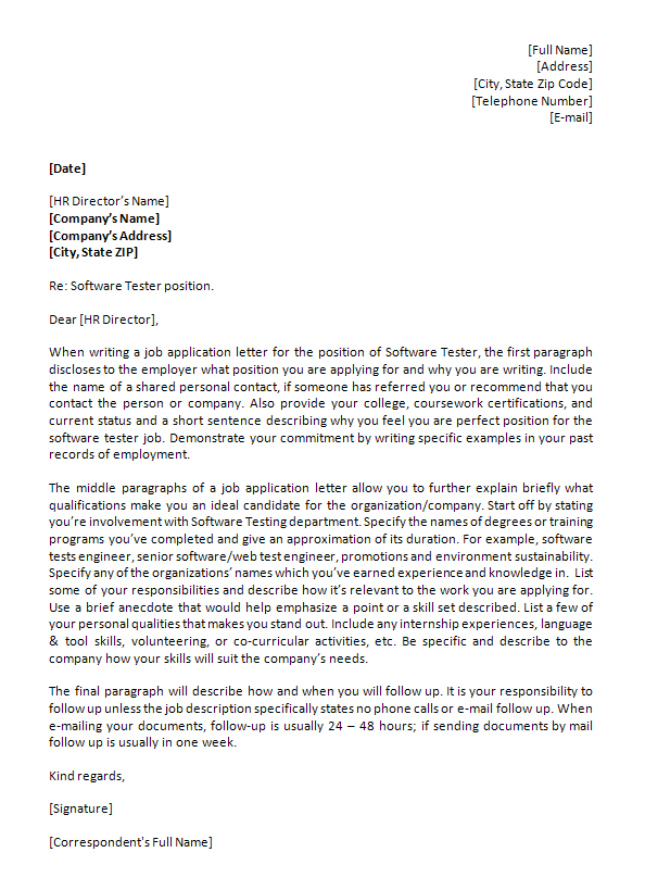 Job Application Letter Template for Software Tester ...