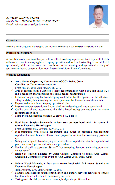Executive Housekeeper Cv • ALL DOCS